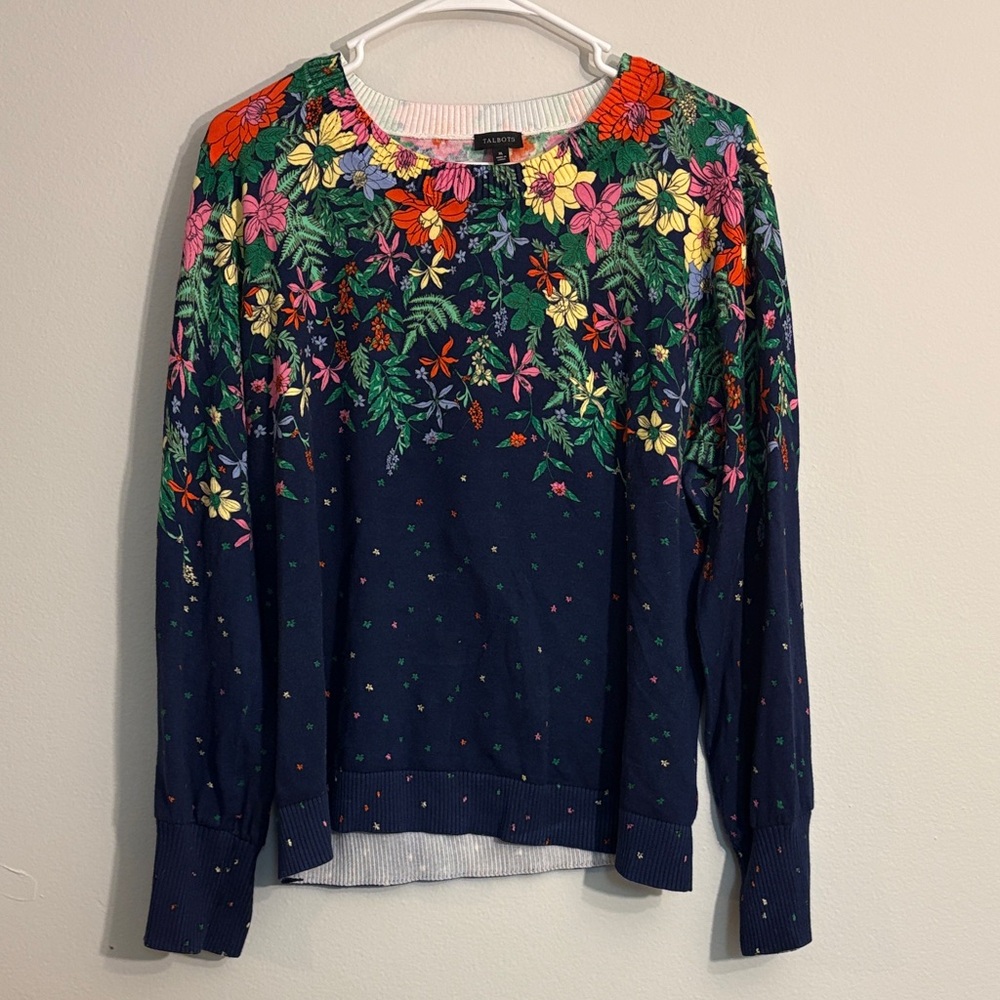 Talbots screened Floral Navy Sweater size XL
